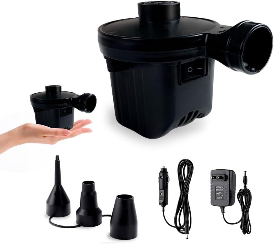 Electric Air Pump,Portable Quick-Fill Air Pump, Air Mattress Pump with 3 Nozzles for Inflatable Boat, Air Mattress Beds,Swimming Ring.Compatible with Home and car Adapter by Inscool