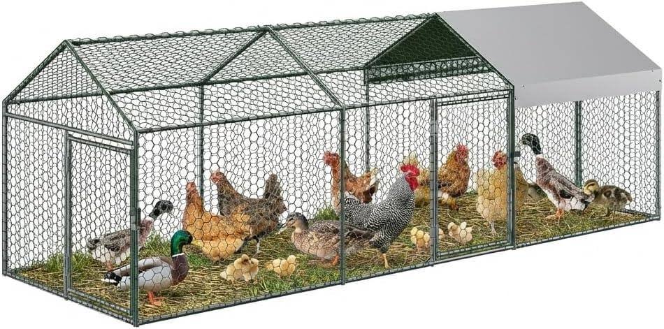 Metal Chicken Coop, 120" X40" X40" Large Chicken Run with 3 Doors, Outdoor Hen House for Yard with Waterproof and Anti-UV Cover, Walk in Poultry Cage for Rabbit Duck Goose, Silver