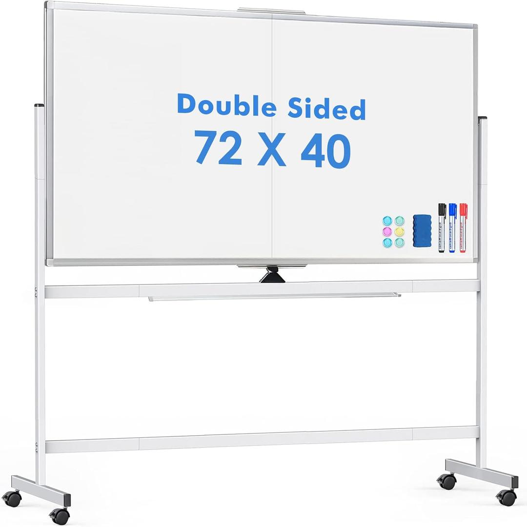 Double Sided Rolling Whiteboard, 72 x 40 Large White Board with Stands, 360 Reversible Magnetic Dry Erase Board on Wheels for School, Classroom, Office