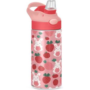 Burbuja Bunny Strawberry Kids Water Bottle, BPA Free Vacuum Insulated Stainless Steel Water Bottle with Straw Lid for Boys Girls, Leak-Proof, 12 oz (A35)