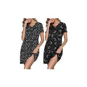 Marvmys Women 2 Pack Nightgowns Soft Short Sleeve Nightshirts V Neck Comfy Lounge Dress Sleep Shirts Black Starry Sky&Moon Print M