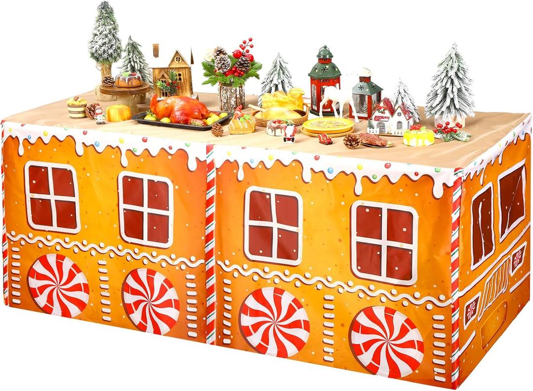 Oudain 6ft Christmas Rectangle Fitted Tablecloth Gingerbread Washable Xmas Table Cover Polyester Reusable Tablecloth for Christmas Winter Holiday Party Decoration Dining Supply