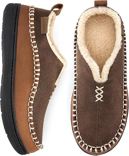 EverFoams Men's Moccasin Slippers Memory Foam Indoor/Outdoor Warm Suede House Shoes with Fuzzy Sherpa Lining, 11