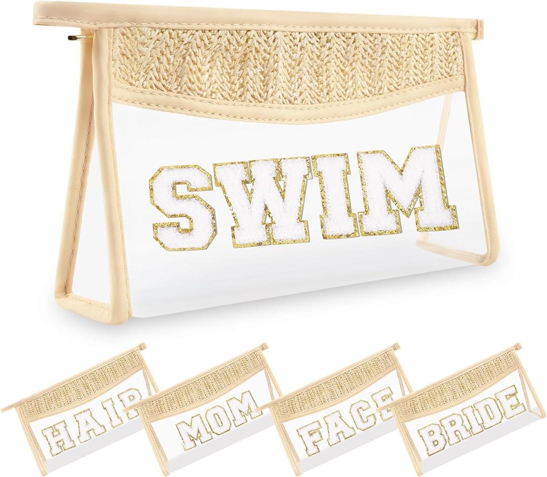 Small Boho Straw Clear Swim Makeup Bags for Women&Girls, Zipper Cosmetic Bag Chenille Varsity Letter Patch Bag, Preppy Cute Toiletry Pouch, Trendy Organizer Storage Bag for Beach Travel Essentials