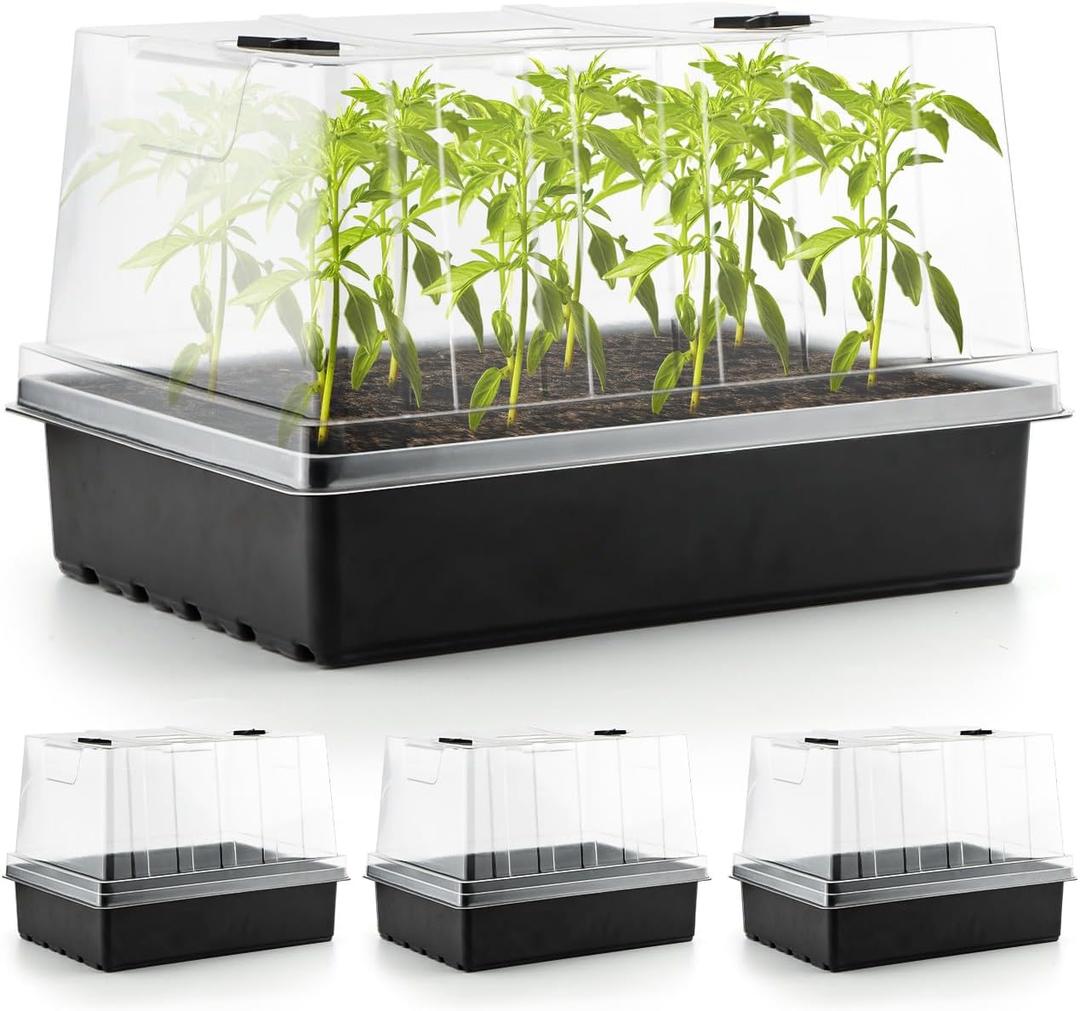4-Pack Seed Starter Trays with 5'' Tall Humidity Domes  Reusable Plant Germination Kit for Microgreens, Herbs & Indoor Gardening | Clear Vented Lids, Fast Seedling Growth & Durable Design