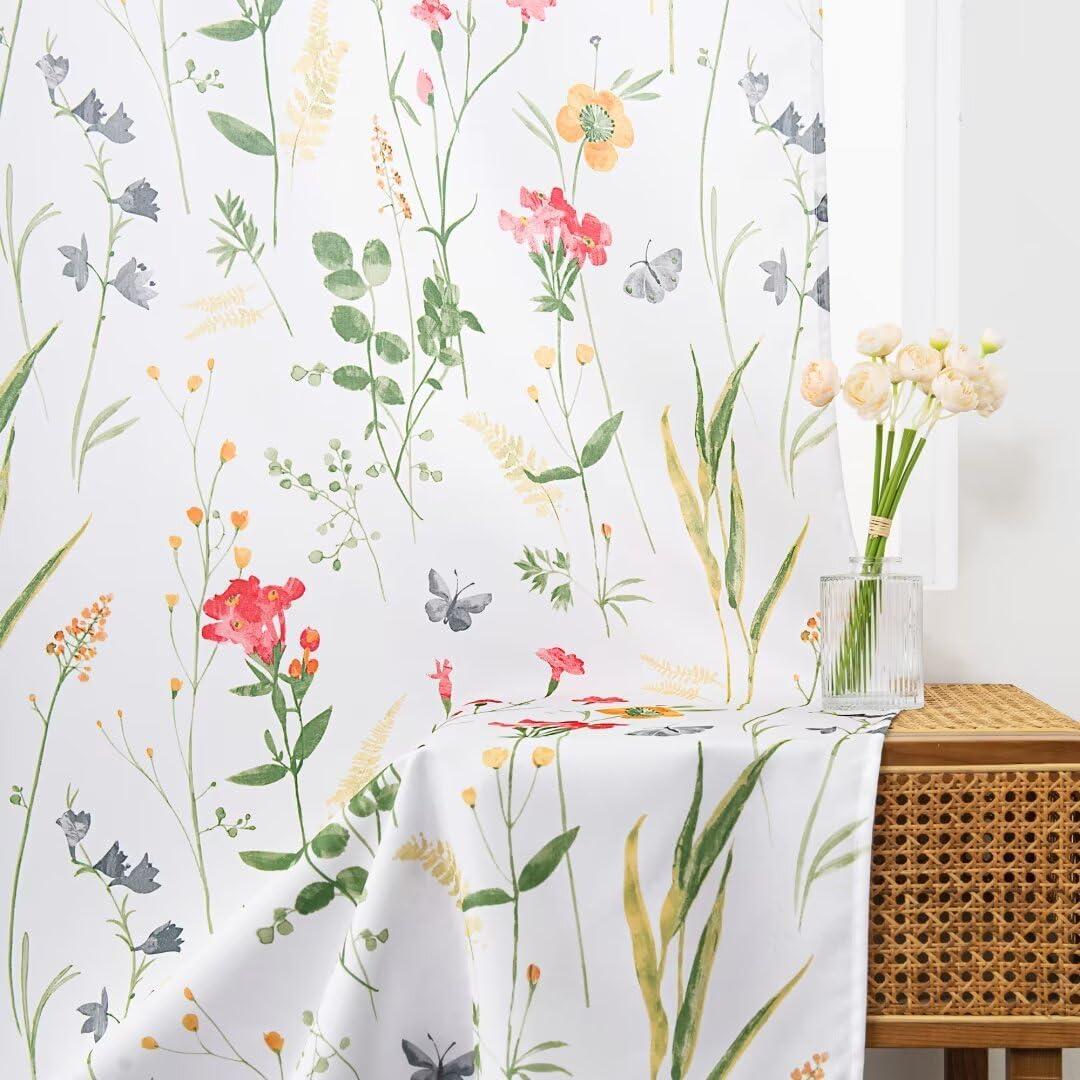 youleyar Floral Curtains 84 Inches Long for Living Room 2 Panels Printed Pattern Curtain Rod Pocket Spring Summer Watercolor Flowers/Leaves Window Drapes for Girls Bedroom, 52" W x 84" L