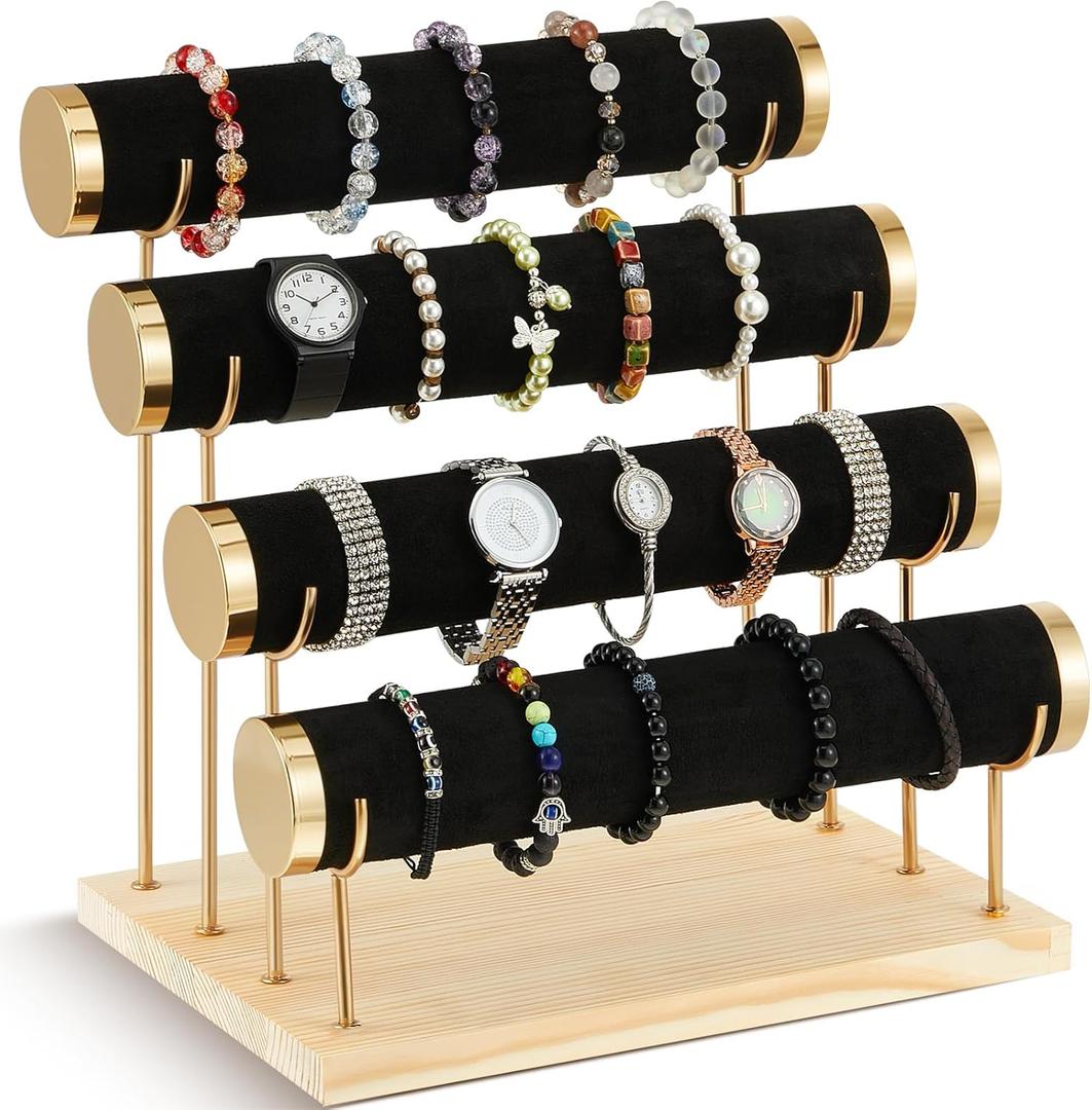 Wenqik 4 Tier Bracelet Holder Bracelet Display Stand Detachable Black Velvet Jewelry Organizer Displays for Bangles Necklace Watches Scrunchies Hair Ties (13 x 11 x 8.3 Inch)