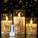 Amagic Christmas Flameless Candles with Remote and Timer, Glass Battery Operated Candles, Real Wax Electric LED Pillar Candles with Gold Deer for Thanksgiving Decor, Set of 3