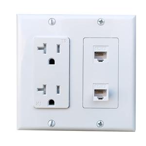 20Amp Power Outlet with 2 CAT6 Ethernet Port - Double Gang Ethernet and Power Outlet Cover Plate with 2 CAT6 RJ45 Keystone Jack - White