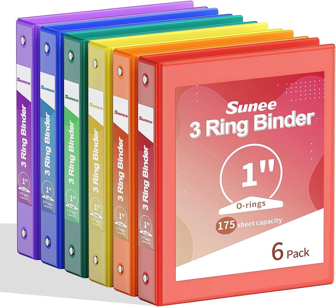 SUNEE 1 Inch Binders 3 Ring 6 Pack, Clear View Three Ring Binders PVC-Free (Fit 8.5x11 Inches) for School Binder or Office Binder Supplies, Classic 6 Colors