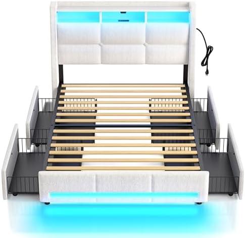 Rolanstar Twin Size Bed Frame with LED Lights and Charging Station, Upholstered Bed Storage Headboard & Drawers, Heavy Duty Wood Slats, Easy Assembly, White