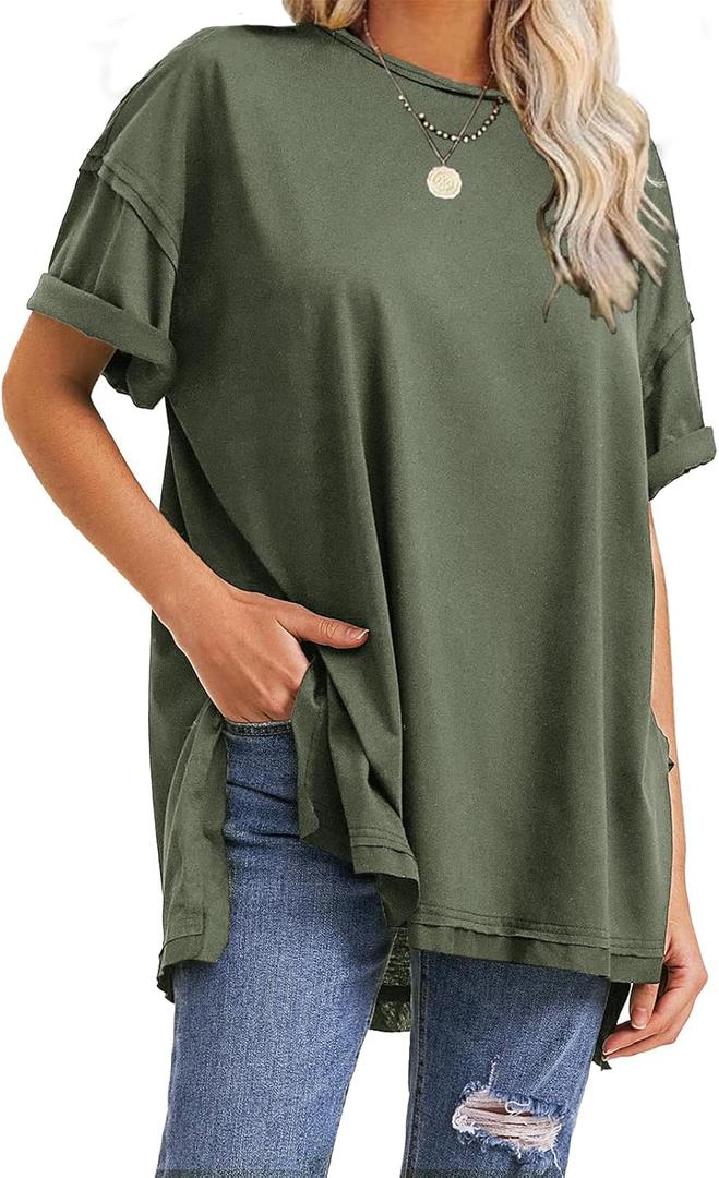 EXLURA Womens Summer Oversized T Shirts 2026 Casual Short Sleeve Loose Maternity Tops Crewneck Tunic Plus Gym Workout Top (Medium, Army Green)