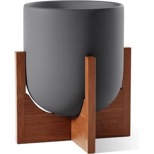 LE TAUCI 10 Inch Plant Pot with Acacia Wood Stand, Ceramic Planters for Indoor Plants, Plant Pots Indoor for Home Decor, Mid-Century Modern Pots for Plants with Drainage Hole and Plug, Charcoal Gray