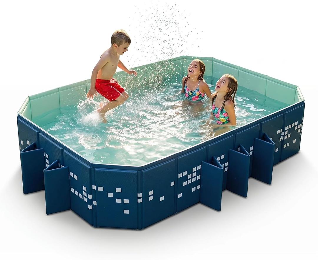 Foldable Pool Non-Inflatable, Large Collapsible Swimming Pool for Kids Adults, Hard PVC Board, 10 Triangle Supports, Family Backyard Outdoor Pool, Blue86.6" 53.1" 19.7"