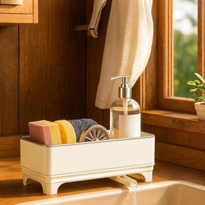 Sponge Holder for Kitchen Sink Rustproof Stainless Steel, 360 Rotating Drain Pipe, Large Counter Organizer with Drip Tray for Sponges, Brushes & Dish Cloths Off-white