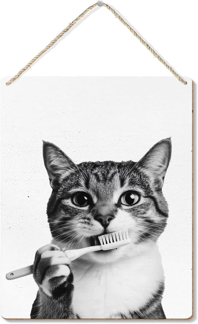 Funny Cat Bathroom Signs, Funny Kitty Brush Teeth Wooden Plaque Signs Wall Hanging for Bathroom Washroom Restroom Porch Door Decorations, Cat Wall Decor, 8x10 Inch