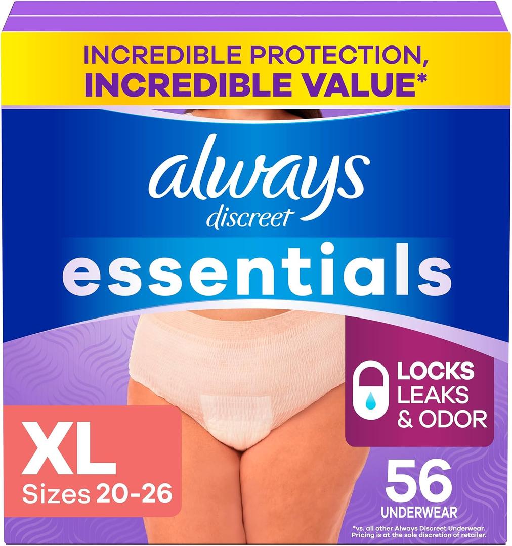 Always Discreet Essentials Adult Diapers for Women, Postpartum Essentials, Disposable Briefs, Unscented Incontinence Underwear Bladder Leak Protection, Size XL, 56 Count