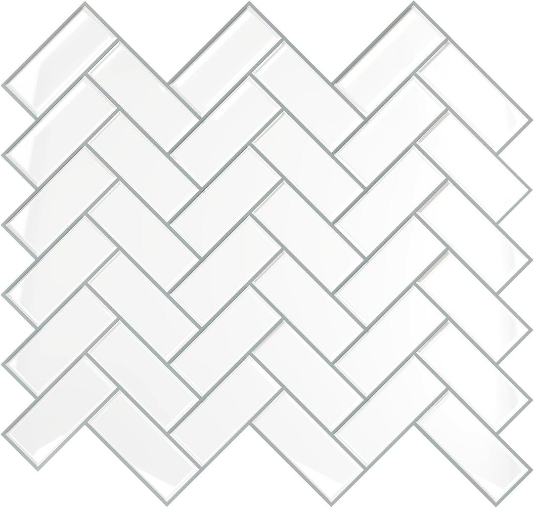 VEELIKE Herringbone Peel and Stick Backsplash for Kitchen White Backsplash Tile Stickers Back Splash Stick on Tiles Adhesive Removable Wall Tiles for Bathroom Shower Walls Fireplace 12"×12"