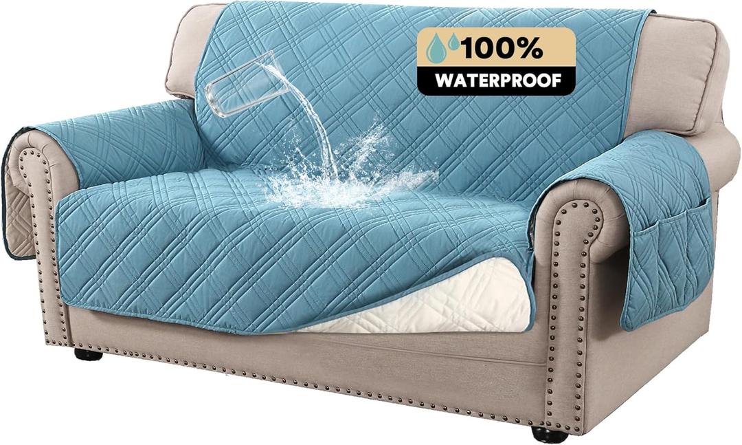 PrinceDeco 100% Waterproof Loveseat Covers for 2 Cushion Couch Sofa Covers Waterproof and Washable Sofa Slipcover with Side Pocket Furniture Protector with Elastic Straps(Loveseat 48", Smoke Blue)