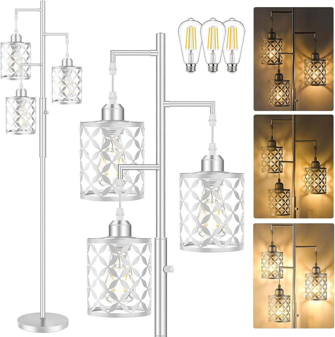 Upgraded72" Tall Dimmable Floor Lamp, Modern Standing Lamp with Elegant Metal Cage, Industrial Tree Floor Lamps for Living Room, Bedroom, Study Room, Office (3 x 800LM LED Bulbs Included) - Silver