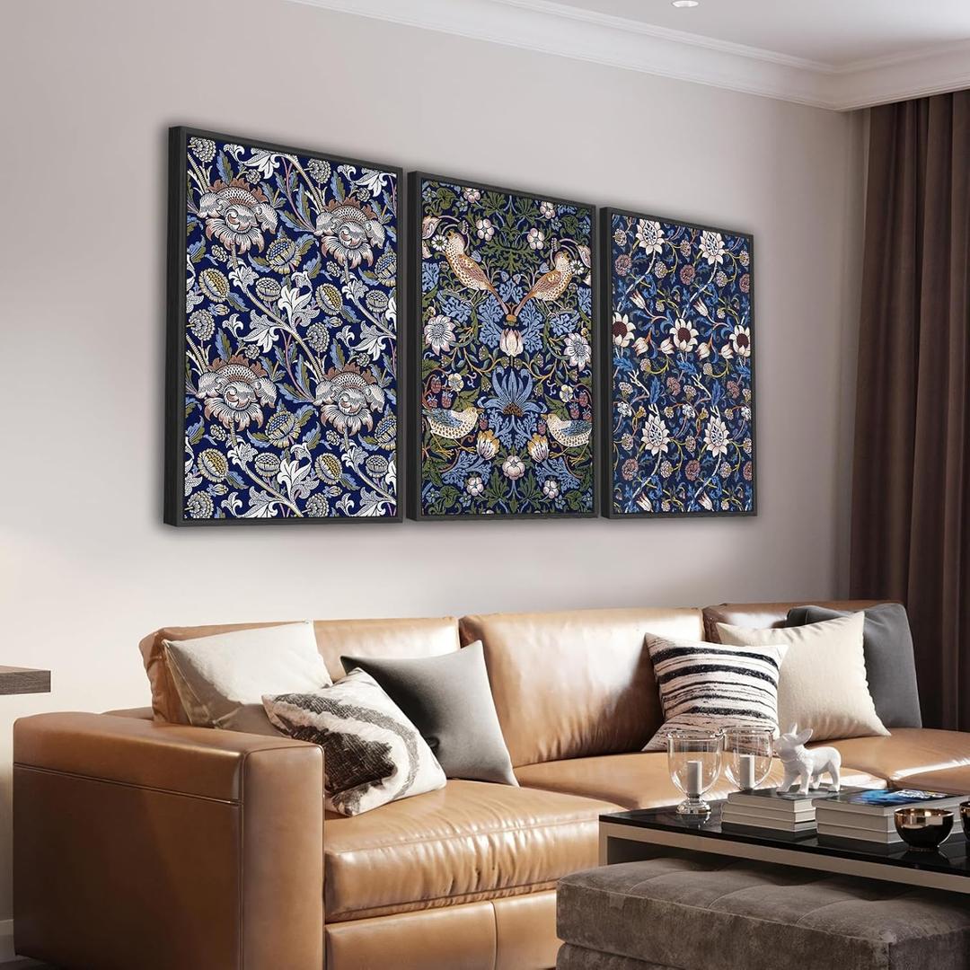 Large Framed Wall Art Flower Pattern by William Morris, Blue Floral Wall Pictures 24"x36"x3 Plants Painting Prints Botanical Canvas Artwork for Living Room Bedroom Home Office Kitchen Decor (navy)