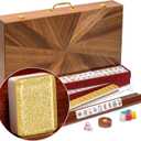Yellow Mountain Imports American Mahjong Set, Golden Fortune with 166 Acrylic Mahjong Tiles, Inlaid Wooden Case, Racks and Other Accessories