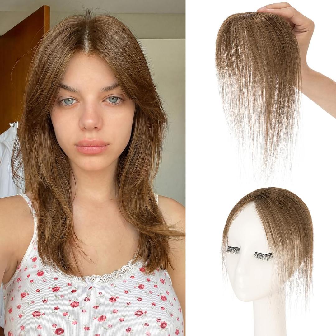 Benehair Clip on Bangs Real Human Hair with 360 Full Coverage, 3D Air Bangs for Daily Wear, Wispy Bang Natural Seamless Fit for Women Side Bang Medium Brown #04