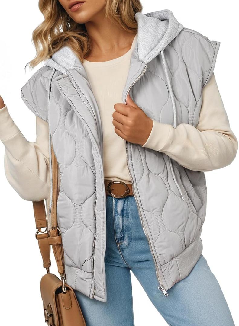 EVALESS Women's Puffer Vest Cropped Hooded Zip Up Sleeveless Quilted Jacket 2025 Fall Fashion Lightweight Warm Outdoor Casual Vests Outerwear Coat with Pockets, Grey, X-Large
