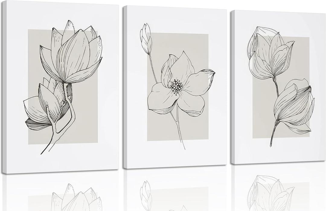 3Pcs Neutral Botanical Canvas Wall Art Beige Simple floral Painting Pictures Wall Decor Vintage Line flower Poster Print Artwork for Living Room Bedroom Bathroom Scene Home Decoration