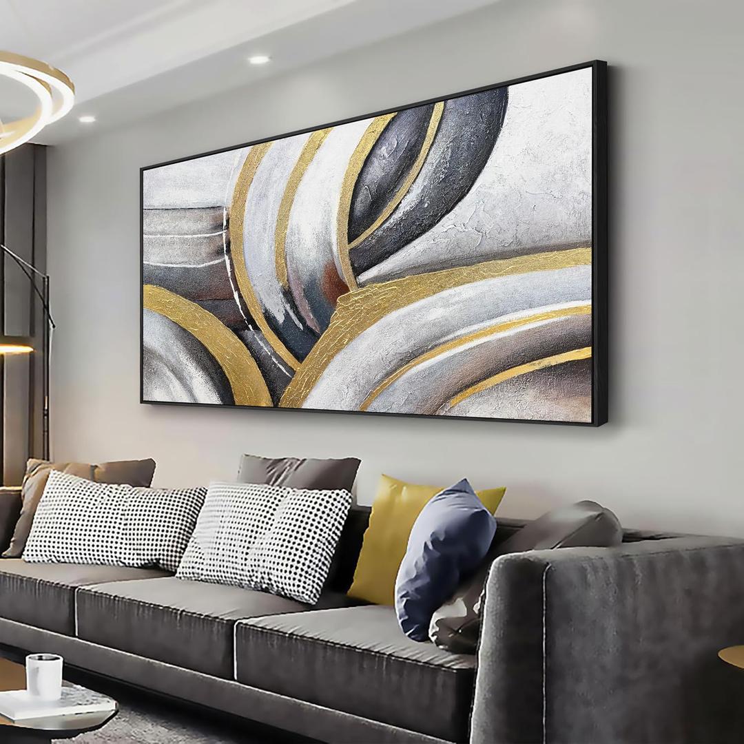 Framed Abstract Wall Art Black White and Gold Abstract Painting Canvas Wall Artwork Modern Home Wall Decor for Living Room Bedroom Office 24"x48"