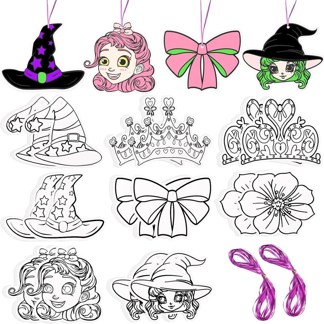 3 x Motipuns 32 Pcs Paper Witch and Princess Coloring Craft Kit with Ribbons Ornaments DIY Witch Hat Crowns Cutouts Color Your Own Crafts for Painting Party Home Art Project