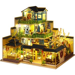 Spilay Dollhouse DIY Miniature Wooden Furniture Kit,Mini Handmade Big Castle Model with LED & Music Box,1:24 Scale Creative Doll House Toys for Adult Gift (Fuchun Resort With Led Dust Cover)