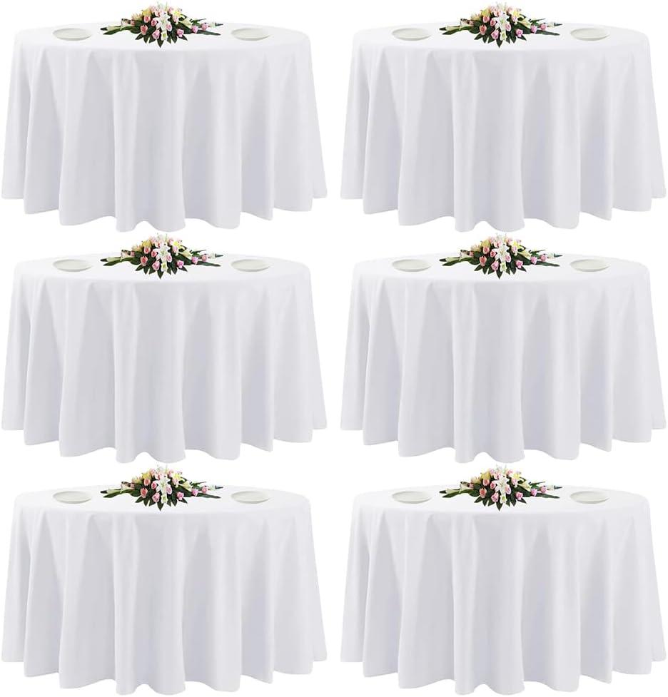 6 Pack White Round Tablecloths, 120 Inch Stain Resistant and Wrinkle Polyester Fabric Washable Table Clothes Cover for Kitchen Dining, Wedding, Reception Banquet, Birthday Party, Buffet Restaurant