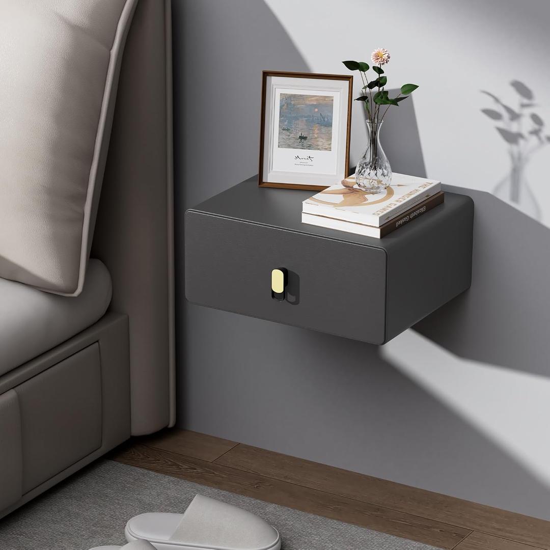 VICITON Modern Floating Nightstand with Solid Wood Drawer, Wall Mounted Bedside Table for Bedroom (Dark Gray, Small)