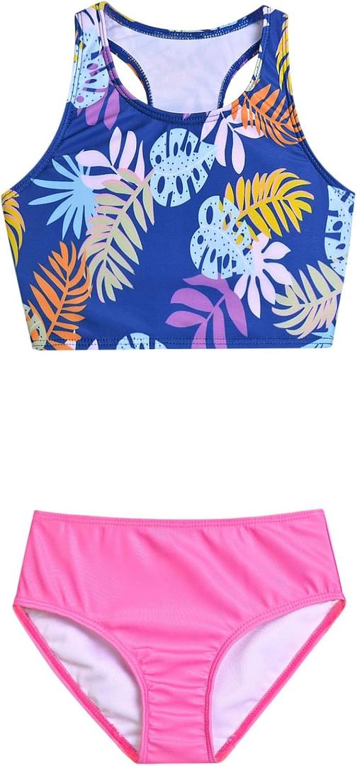 Perfashion Girls' Two-Piece Swimsuits Tankini Sets Swimwear Bathing Suit Beach Sport (12-13 Years, Tropical Leaves P15)