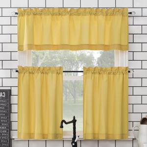 No. 918 Martine Microfiber Semi-Sheer Rod Pocket Kitchen Curtain Valance and Tiers Set, 54" x 45", Yellow