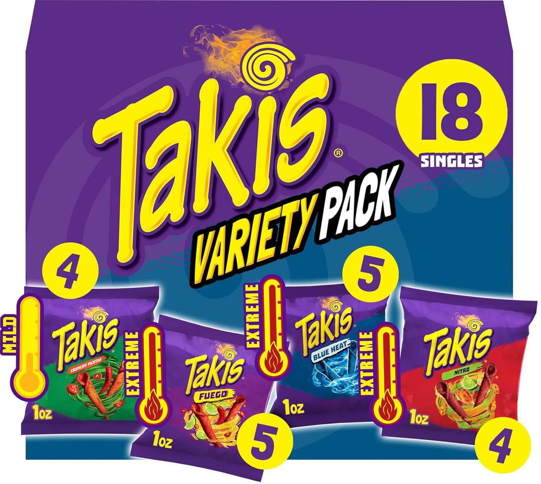 Takis 18 pc / 1 oz Variety Pack, Assorted Flavored Mixed Rolled Tortilla Chips (5) Fuego, (5) Blue Heat, (4) Nitro, (4) Crunchy Fajitas (EXP 10/09/26)