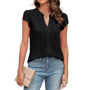 KIRUNDO Womens Blouses Dressy Causal V Neck Pintuck Short Petal Sleeve Business Tops 2025 Ladies Summer Trendy Shirt (S , Black)