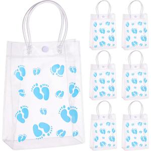 30 Pcs Baby Shower Favors for Guests Blue Foot Plastic Clear Gift Bags with Handles Blue Footprint PVC Shopping Candy Themed Goodie Bags for Gender Reveal Party Supplies(5.9 x 7.9 x 2.8 Inch)
