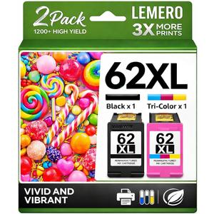 LEMERO 62XL Ink Cartridges Remanufactured Ink Cartridge Replacement for HP 62XL Ink Cartridge Combo Pack for HP Ink 62 use with Envy 7640 5660 5540 7645 5746 OfficeJet 250 200 5740 Mobile Printer