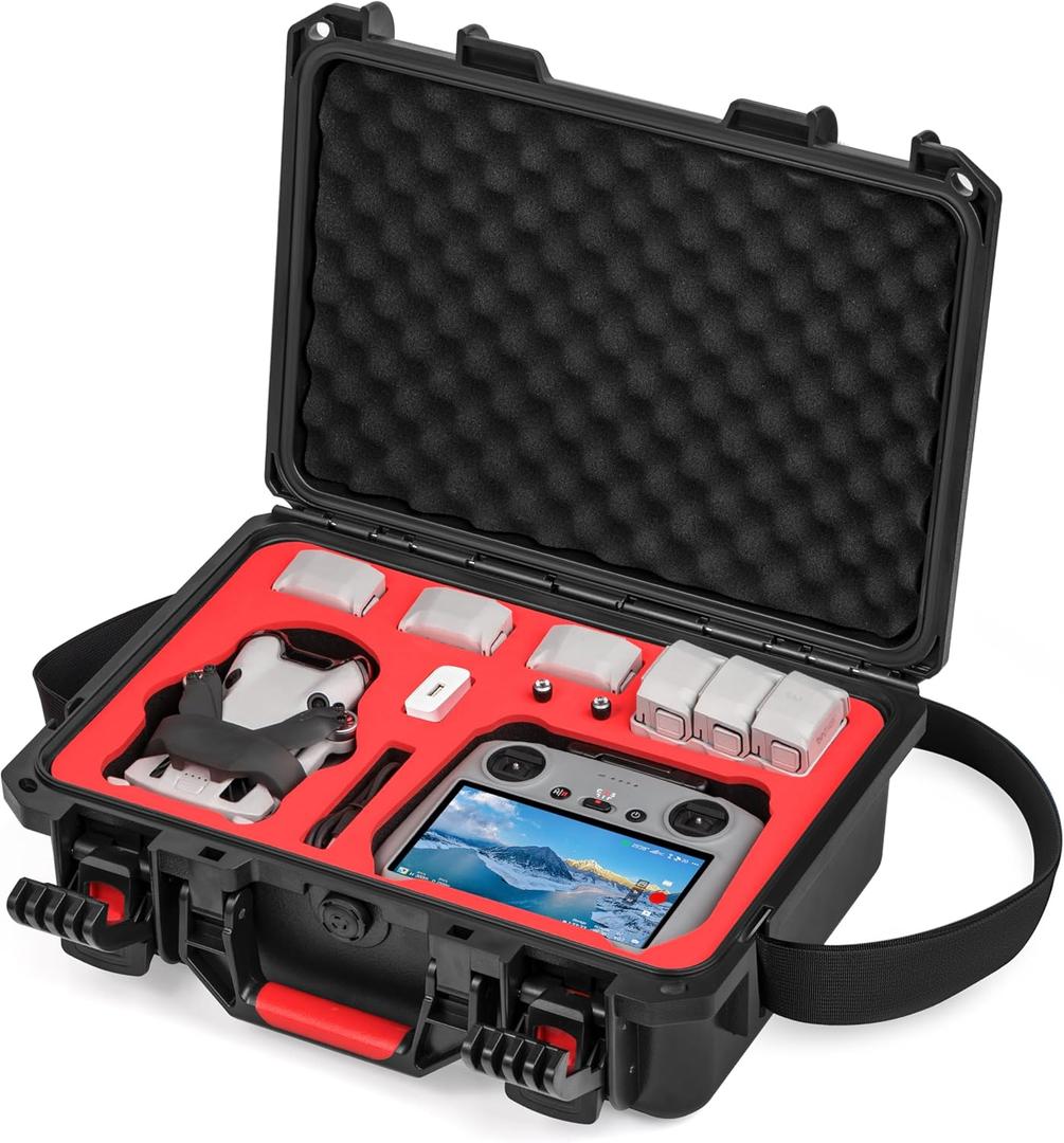 STARTRC PHOTO Mini 4 Pro/Mini3 Case, Portable Waterproof Hard Case for DJI Mini 3 Pro//Mini4 pro Accessories for RC2/RC Controller, 7 Battery (Black and Red)