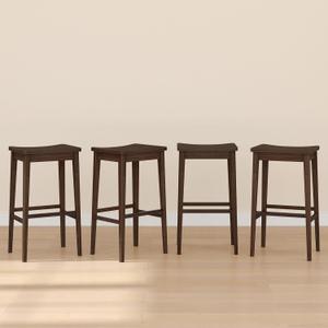 Plank+Beam Smythe Bar Stool, 30", Set of 4, Sturdy Wood Modern Kitchen Bar Height Stool, Saddle Seat Backless Bar Chair, Metal Footrest, Walnut