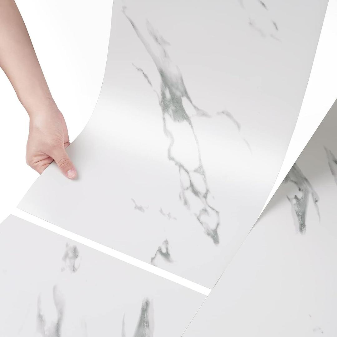 Stickyart Carrara Marble Floor Tile Vinyl Flooring Tiles Peel and Stick Floor Bathroom Waterproof 12"x24" White Marble Vinyl Flooring Tile for Bedroom Kitchen RV Self Adhesive Stick on Wall Tiles 4pcs