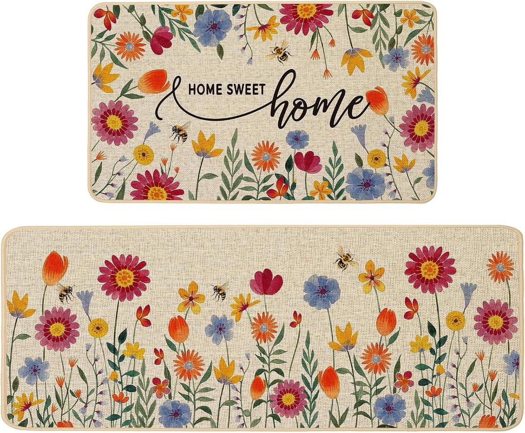Baccessor Summer Floral Kitchen Mats Set of 2, Flowers Home Sweet Home Kitchen Rugs for Floor Non Slip Low-Profile Seasonal Home Decor 17x29 and 17x47 Inch