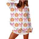 MBZJSDKHLK Women's Halloween Pajamas Set Silk Satin Ghost Pumpkin Print Long Sleeve Button Down Shirt 2 Piece Pjs Shorts Sets, M