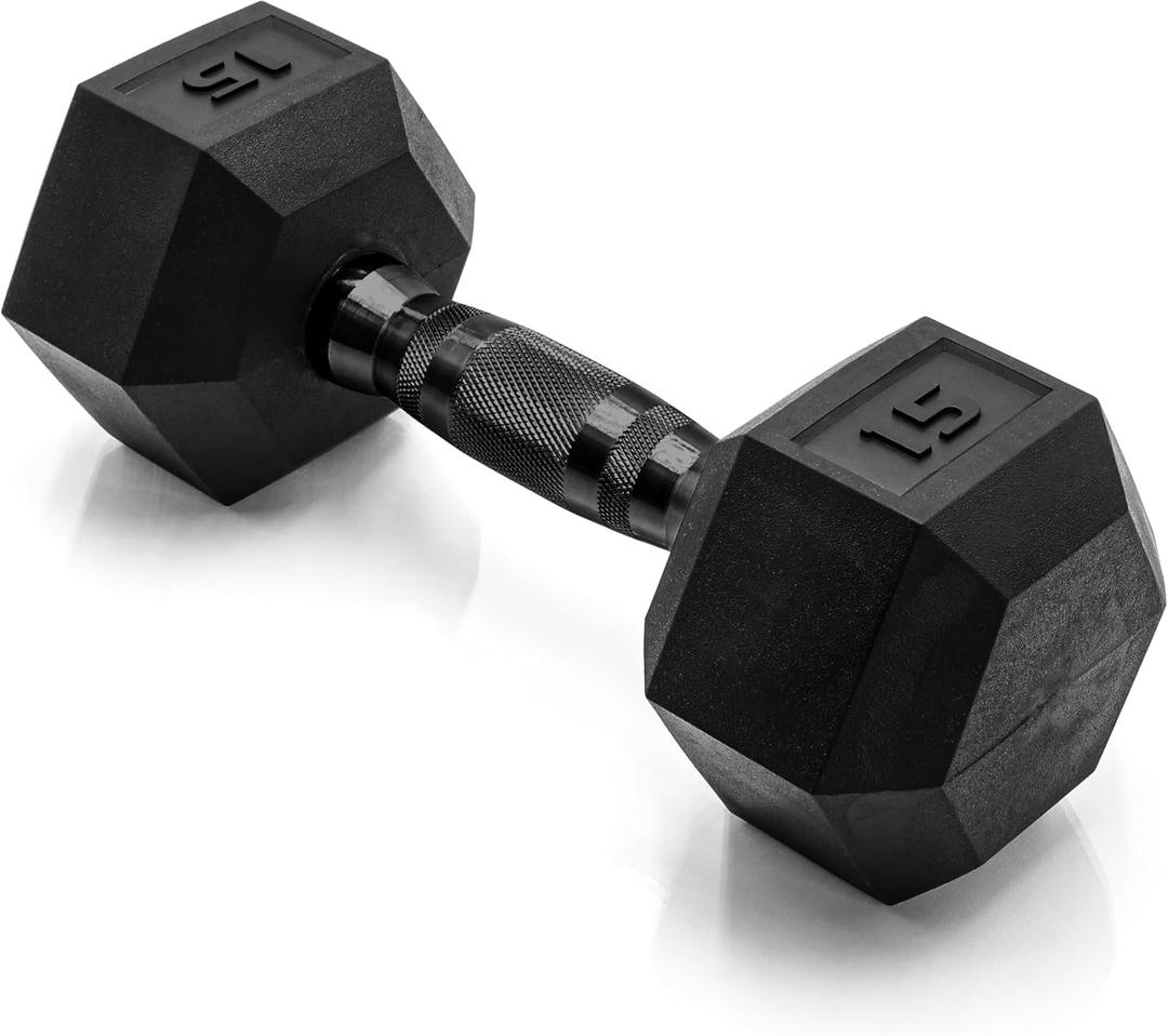 CAP 15lb Rubber Coated Hex Dumbbell, Black Grip, Free Weights, Single