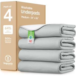 IMPROVIA Washable Underpads, Heavy Absorbency Reusable Incontinence Pads for Kids, Adults, Elderly, and Pets, Waterproof Protection Floor (Gray and White, 34"x36" (Pack of 4))