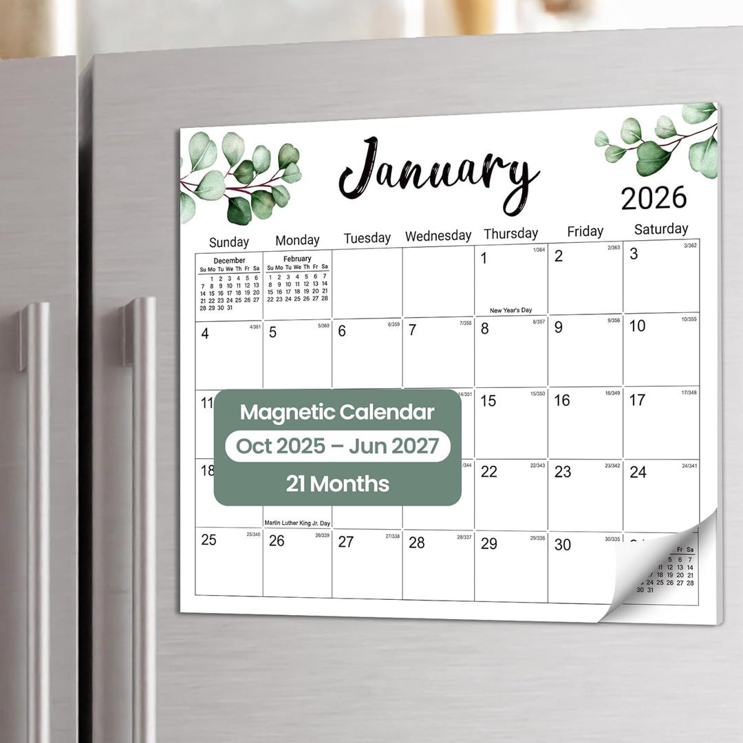 Aesthetic 2025-2026 Magnetic Calendar for Refrigerator, 21-Month Fridge Calendar Magnet from October 2025 to June 2027, Greenery Design for Easy Organizing