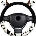 Cow Plush Car Steering Wheel Cover Universal Fit 15in Non-Slip Cute Cow Print Steering Wheel Protector Pad Soft Elastic Circular Steering Wheel Car Decor for Auto SUV Sedan Van Truck Men Women (Black)