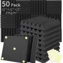 Focusound 50 Packs Acoustic Foam Panels Wedge 2" X 12" X 12", Soundproofing Foam Noise Cancelling Foam with 300 PCS Double-Side adhesive
